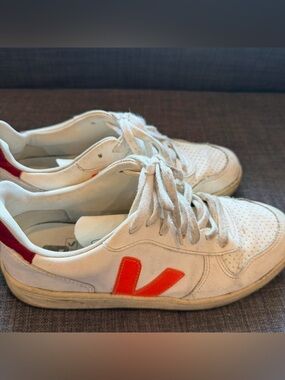 Veja White Leather Sneakers with Orange V Accent